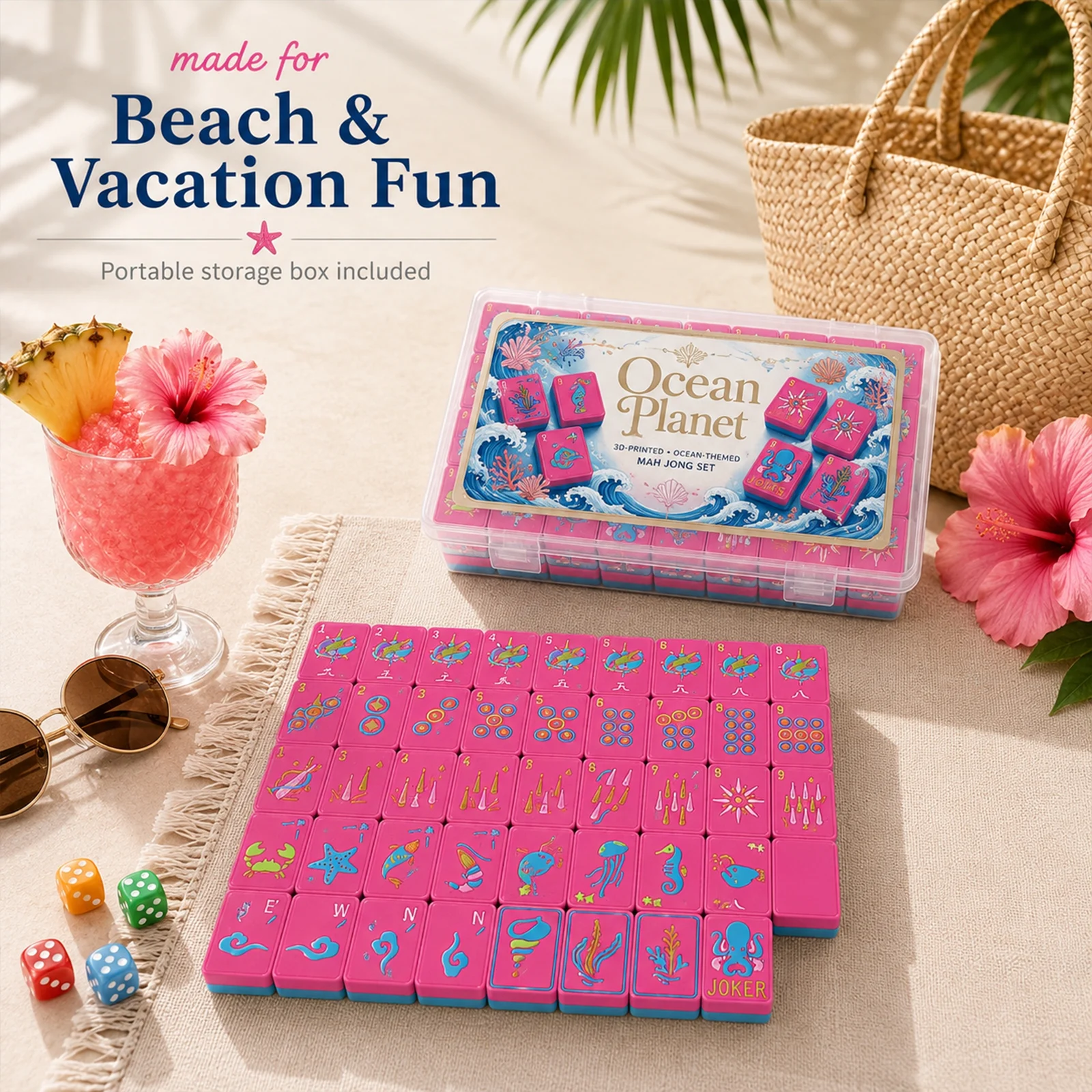 160PCS Floating American Mahjong Set Ocean Theme, Acrylic Tiles With Storage Box, Dice… — image 4