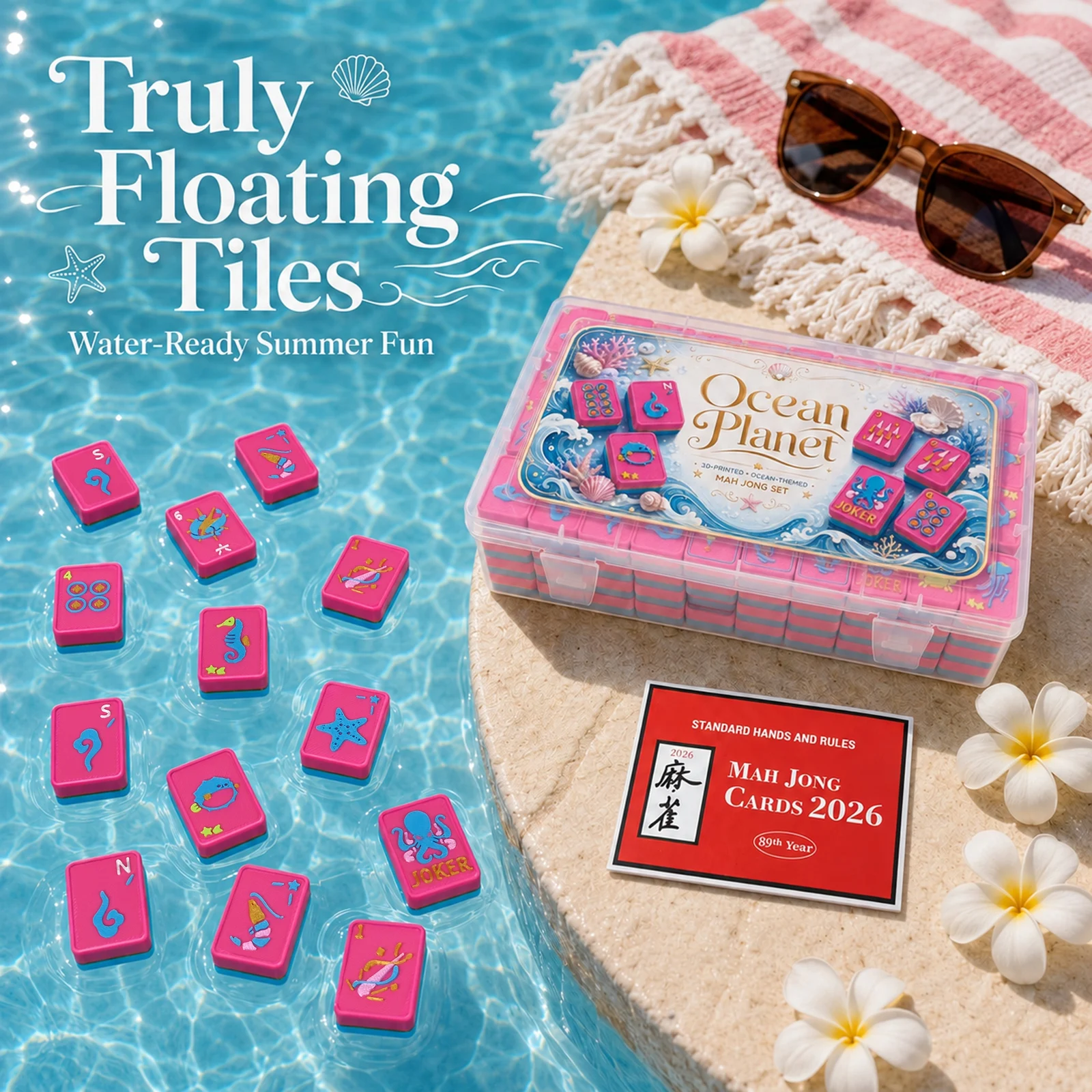160PCS Floating American Mahjong Set Ocean Theme, Acrylic Tiles With Storage Box, Dice… — image 6