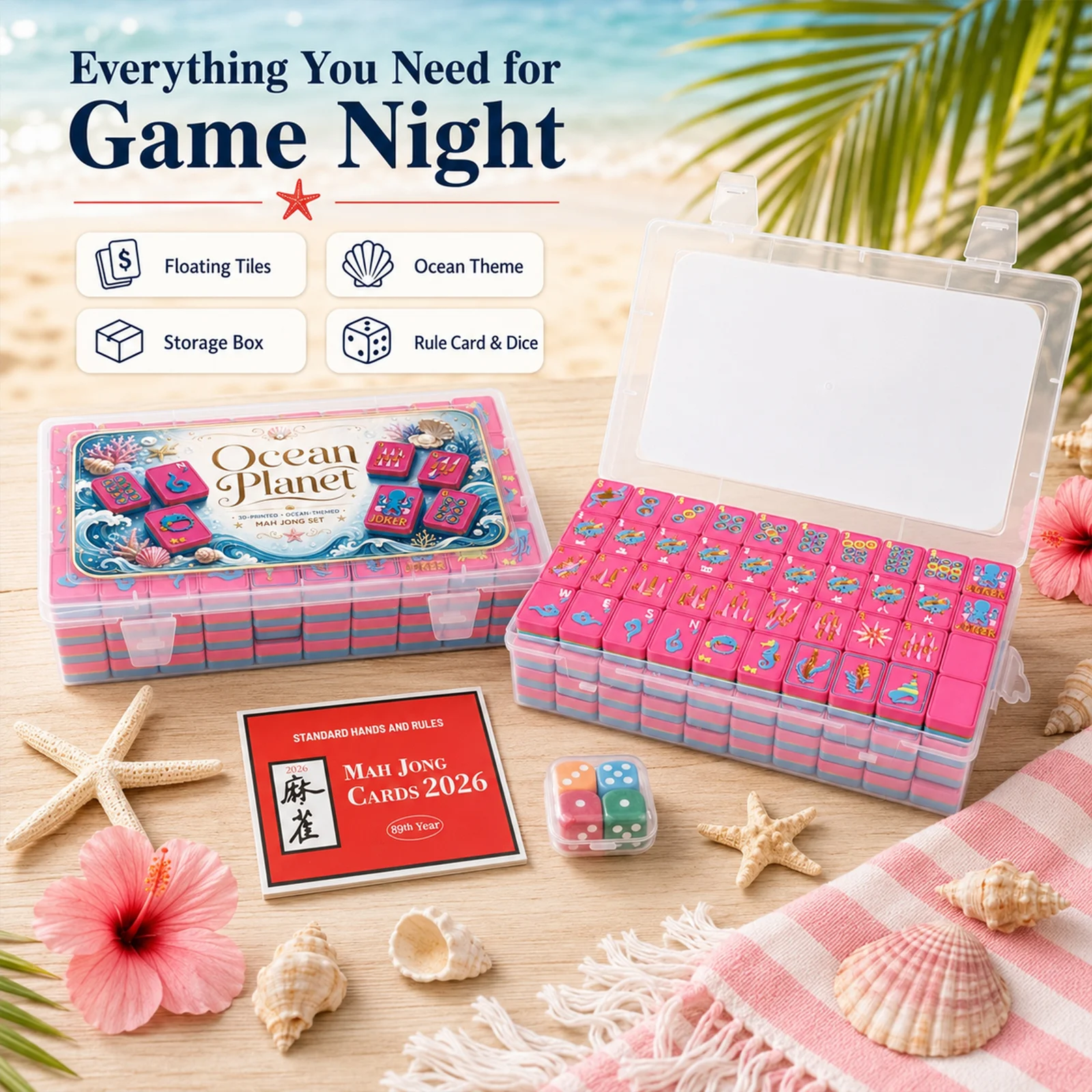 160PCS Floating American Mahjong Set Ocean Theme, Acrylic Tiles With Storage Box, Dice… — image 2