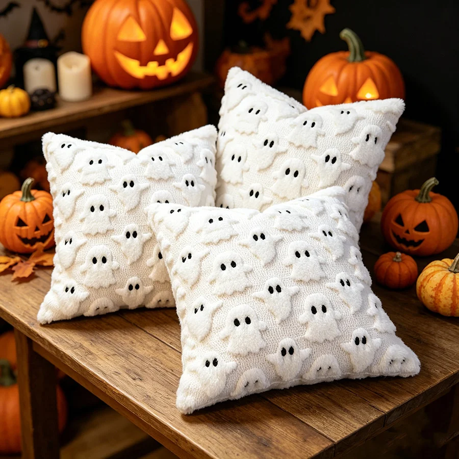 18x18 Inch Halloween Pillow Covers Set Of 2, Beige Ghost Pumpkin Skeleton Plush Faux… — image 3