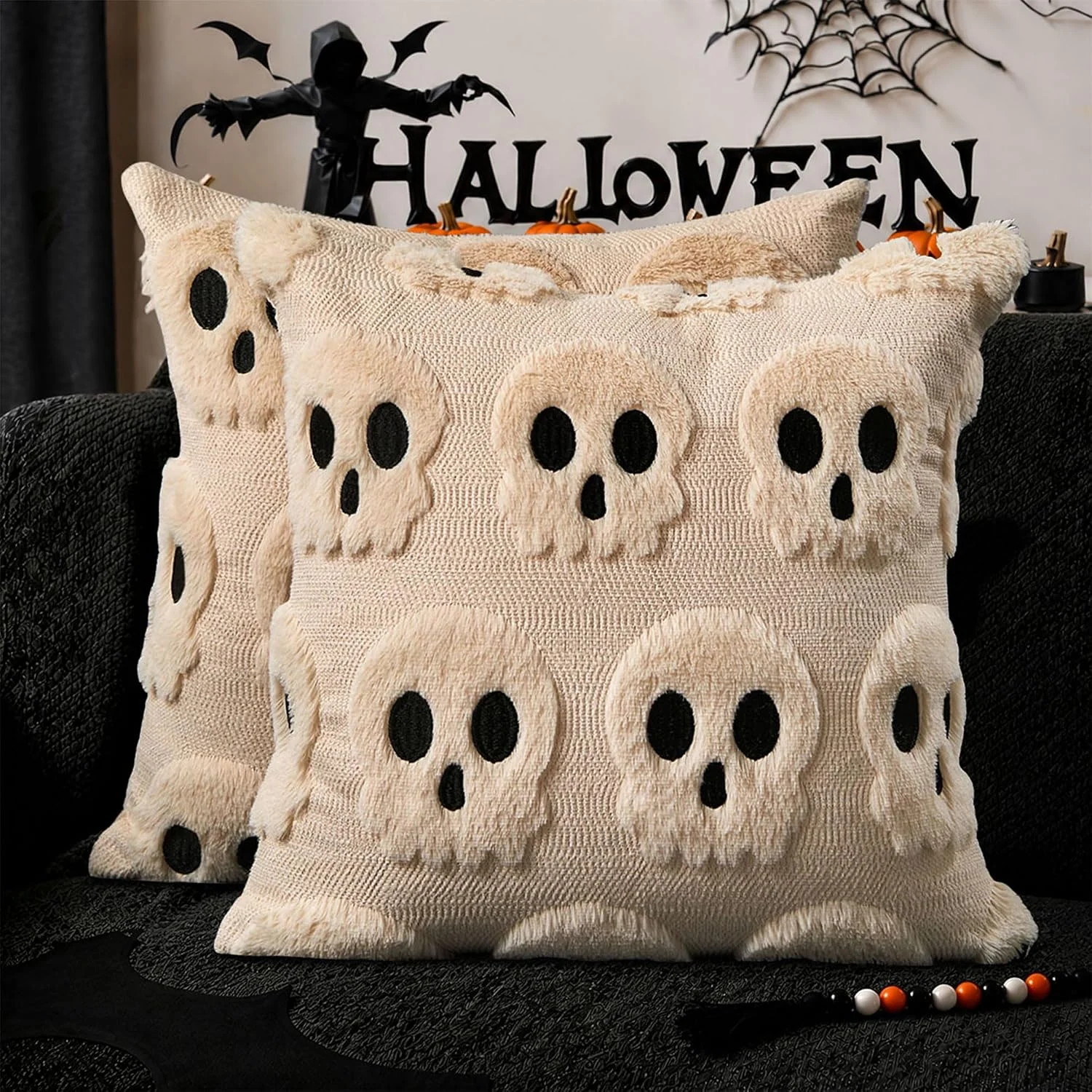 18x18 Inch Halloween Pillow Covers Set Of 2, Beige Ghost Pumpkin Skeleton Plush Faux… — image 5