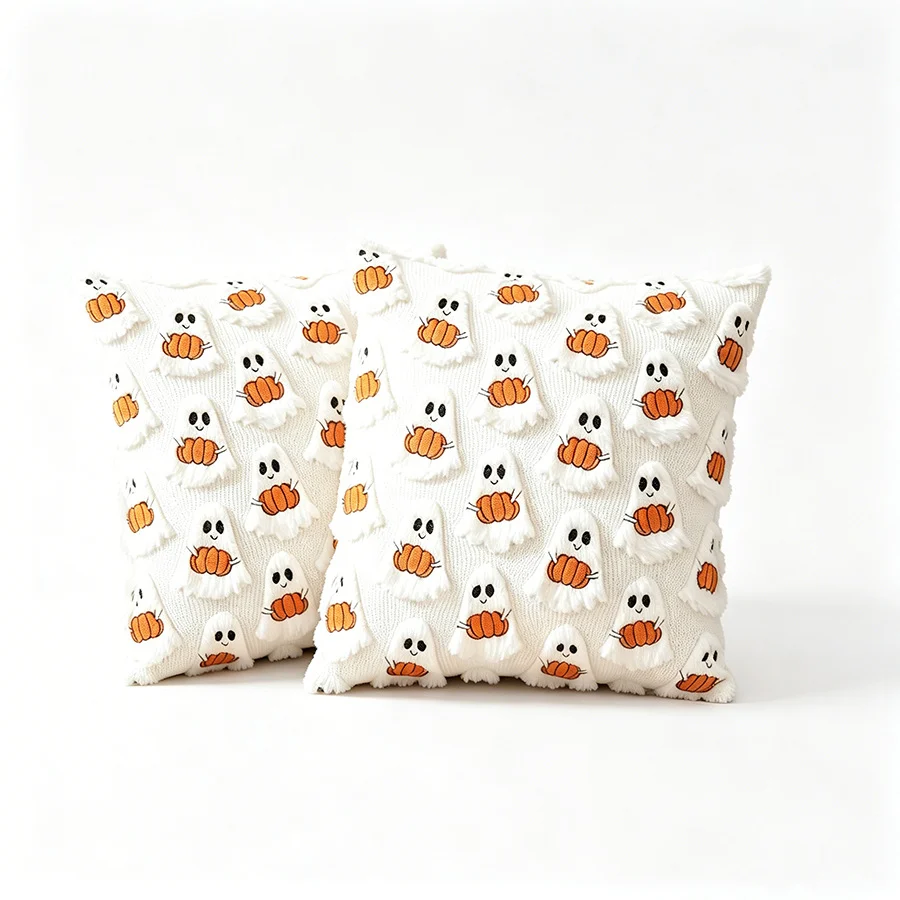18x18 Inch Halloween Pillow Covers Set Of 2, Beige Ghost Pumpkin Skeleton Plush Faux… — image 7