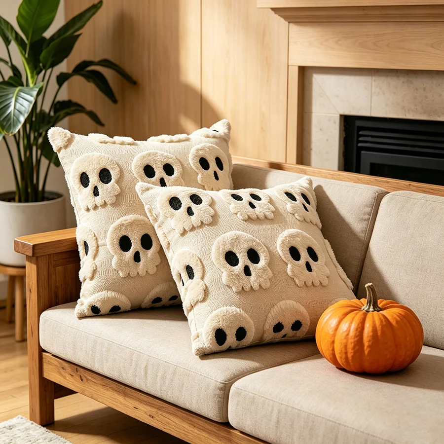 18x18 Inch Halloween Pillow Covers Set Of 2, Beige Ghost Pumpkin Skeleton Plush Faux… — image 4