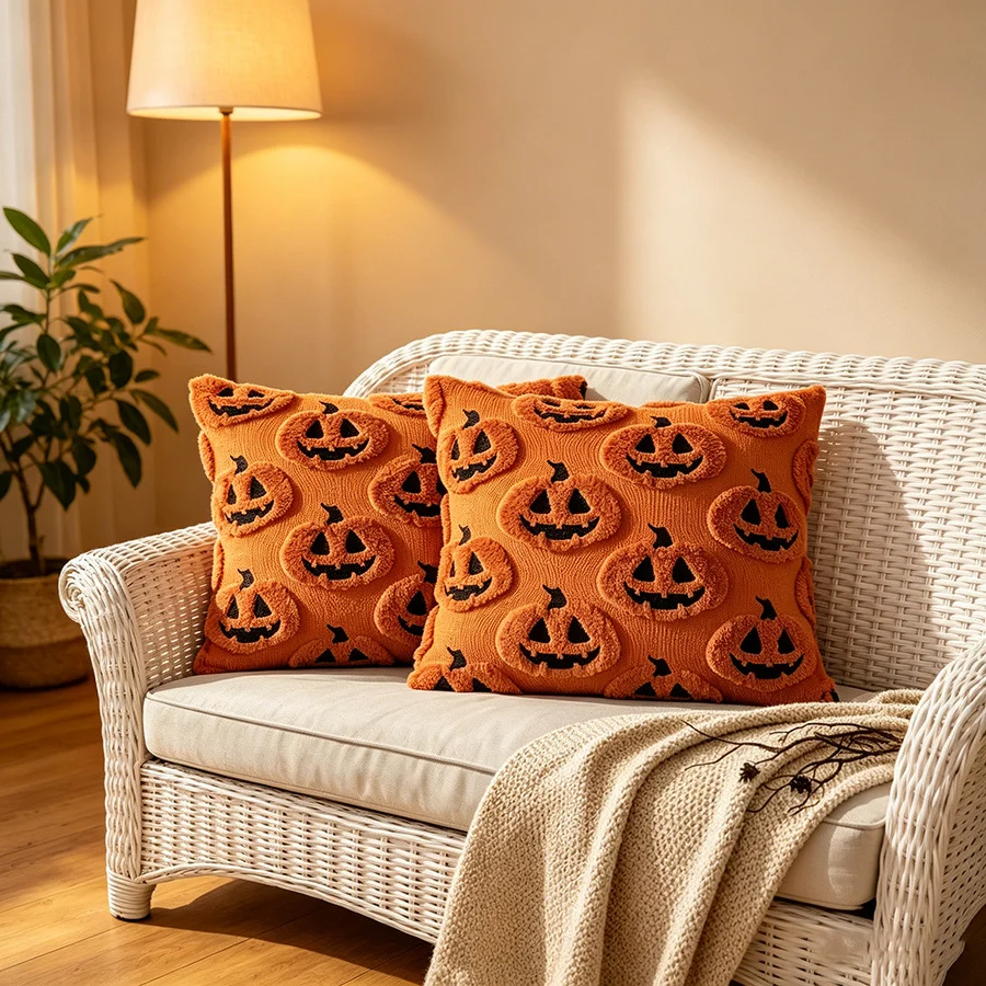 18x18 Inch Halloween Pillow Covers Set Of 2, Beige Ghost Pumpkin Skeleton Plush Faux… — image 8