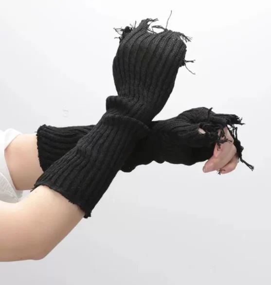 1pair Black Tattered Punk Unisex Fingerless Cuff Knit Gloves — image 2