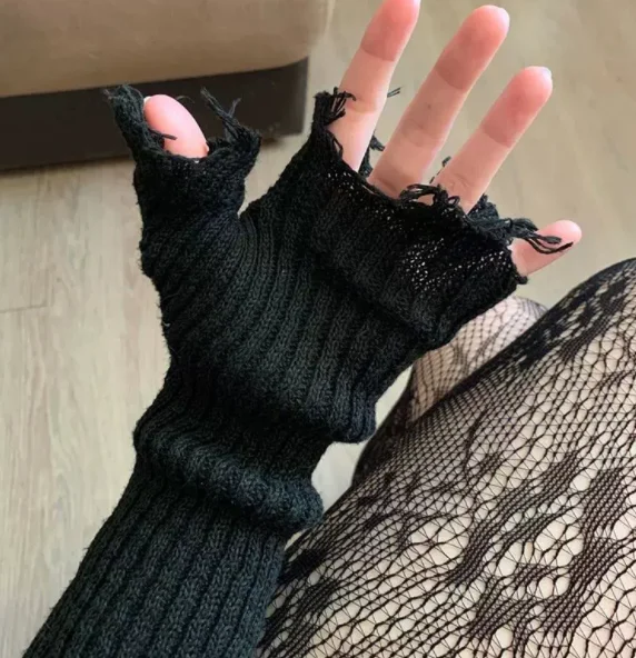 1pair Black Tattered Punk Unisex Fingerless Cuff Knit Gloves — image 5