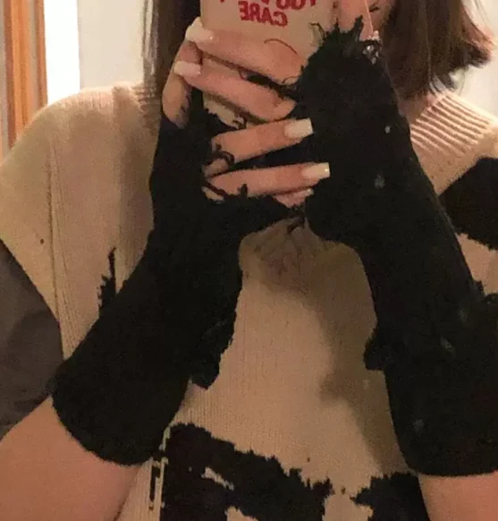 1pair Black Tattered Punk Unisex Fingerless Cuff Knit Gloves — image 7