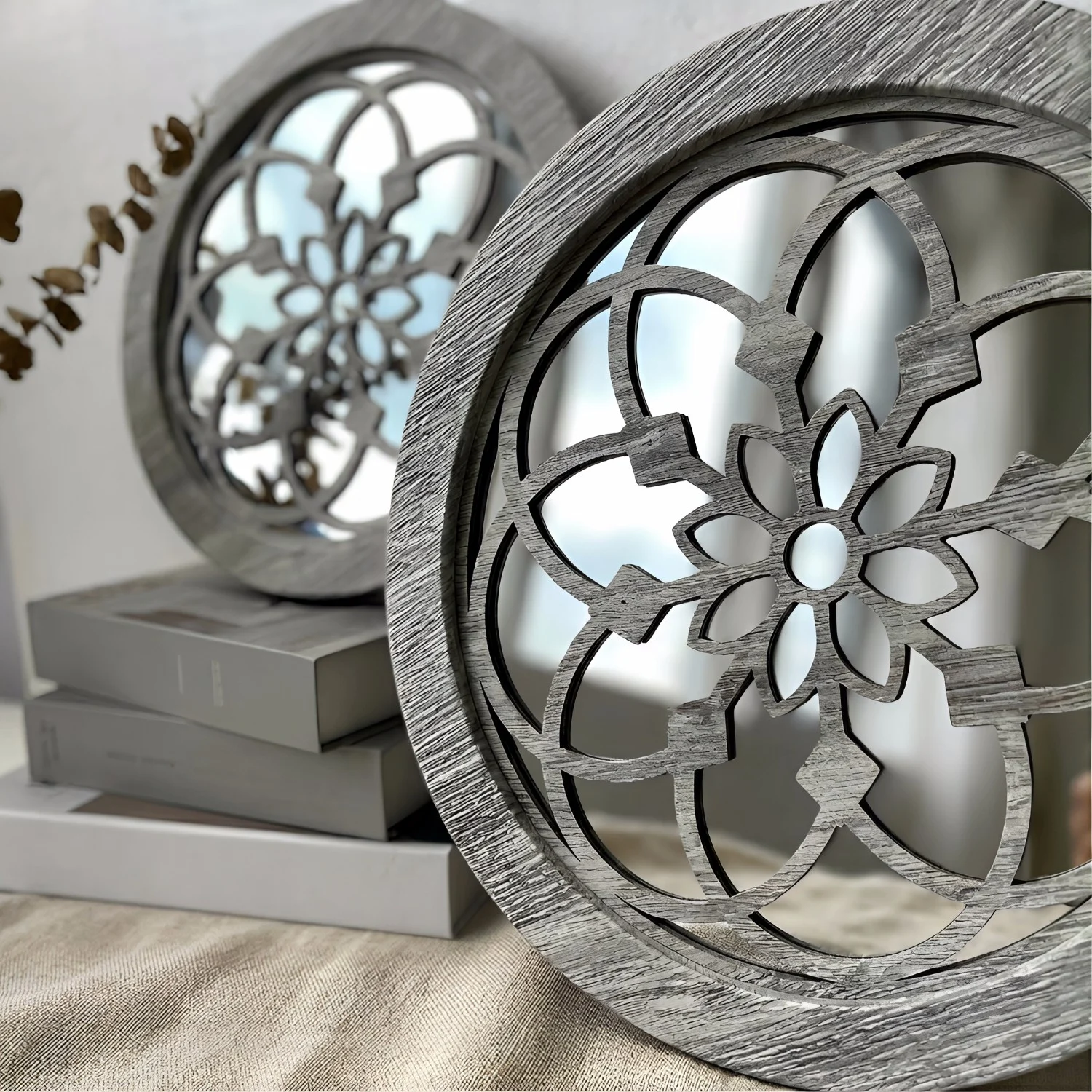 2 Pack Rustic Round Wooden Wall Mirror, Hollow Floral Carved Decorative Farmhouse… — image 4