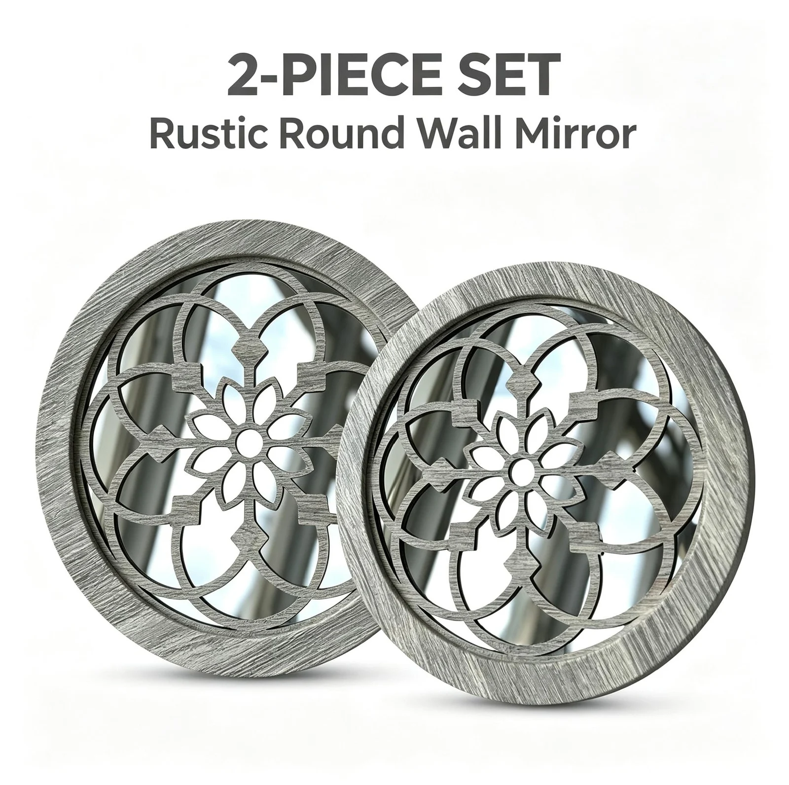 2 Pack Rustic Round Wooden Wall Mirror, Hollow Floral Carved Decorative Farmhouse… — image 2