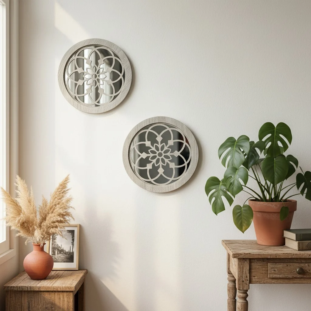 2 Pack Rustic Round Wooden Wall Mirror, Hollow Floral Carved Decorative Farmhouse… — image 7