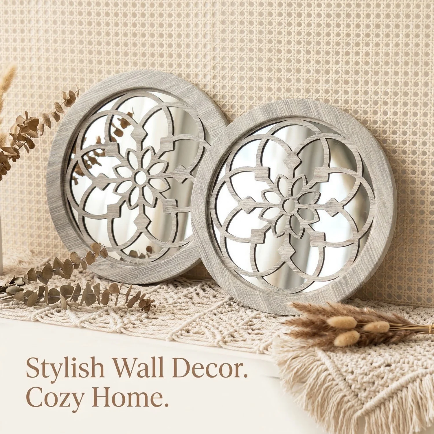 2 Pack Rustic Round Wooden Wall Mirror, Hollow Floral Carved Decorative Farmhouse… — image 8