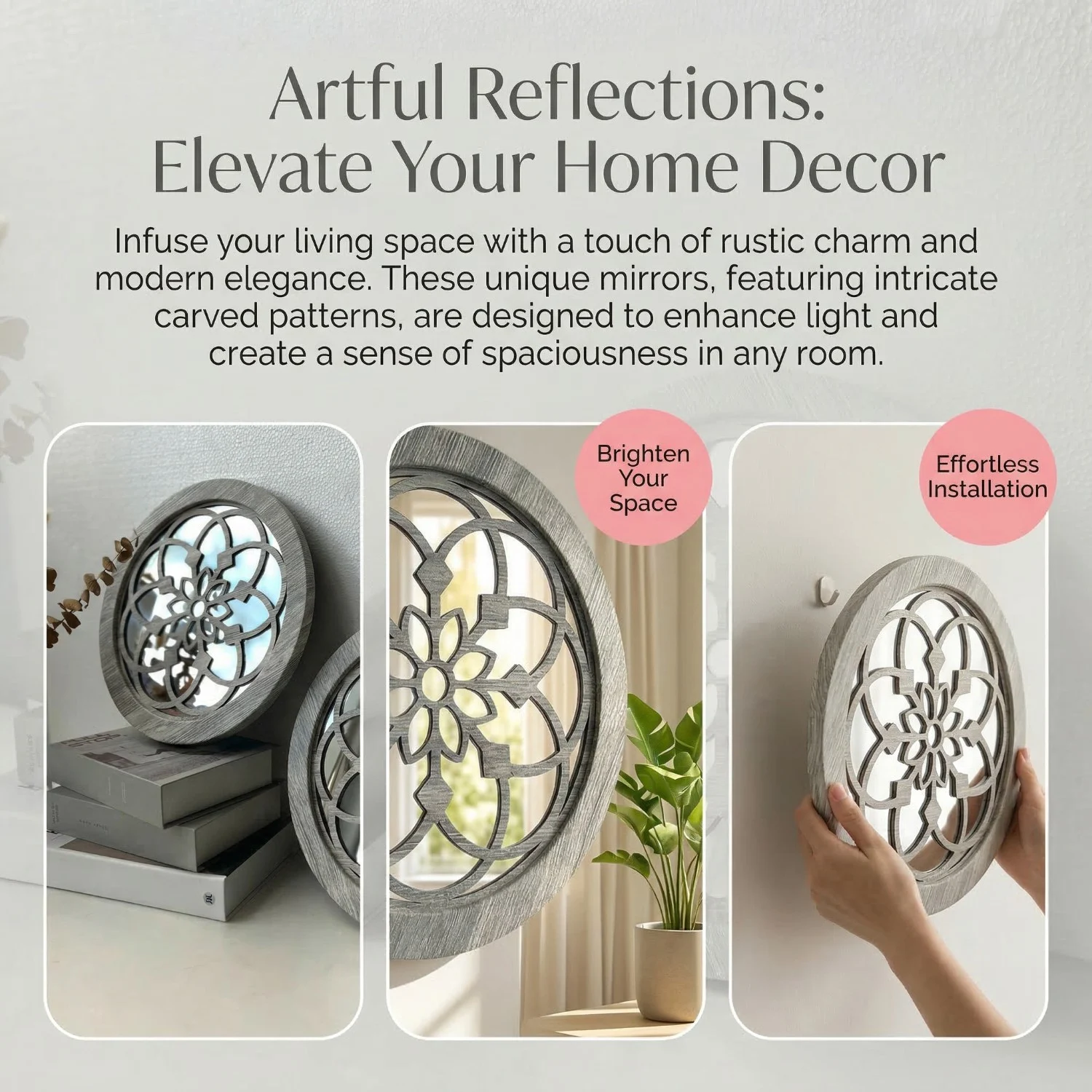 2 Pack Rustic Round Wooden Wall Mirror, Hollow Floral Carved Decorative Farmhouse… — image 3