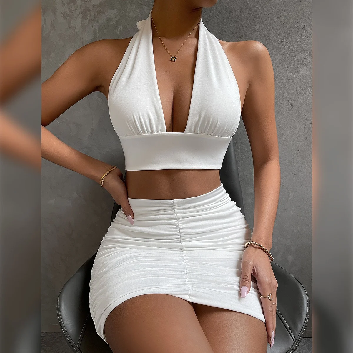 2pcs Dress Suits For Women Halter Lace-up Hip Top And Pleated Hip-covering Skirt β image 1
