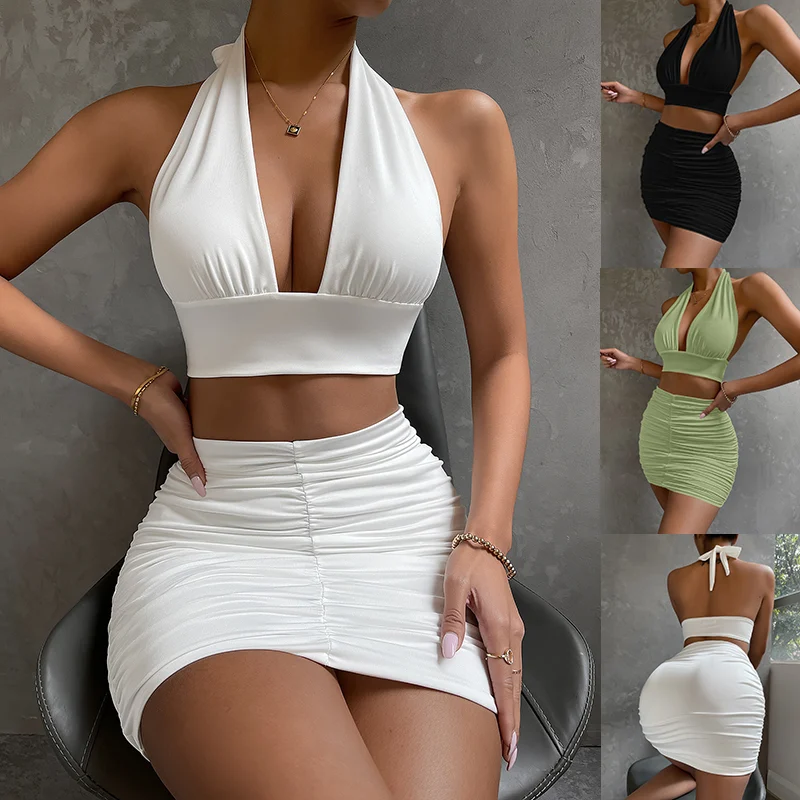 2pcs Dress Suits For Women Halter Lace-up Hip Top And Pleated Hip-covering Skirt — image 3