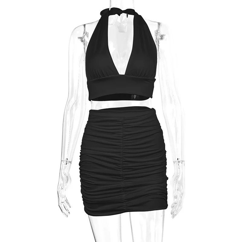 2pcs Dress Suits For Women Halter Lace-up Hip Top And Pleated Hip-covering Skirt — image 2