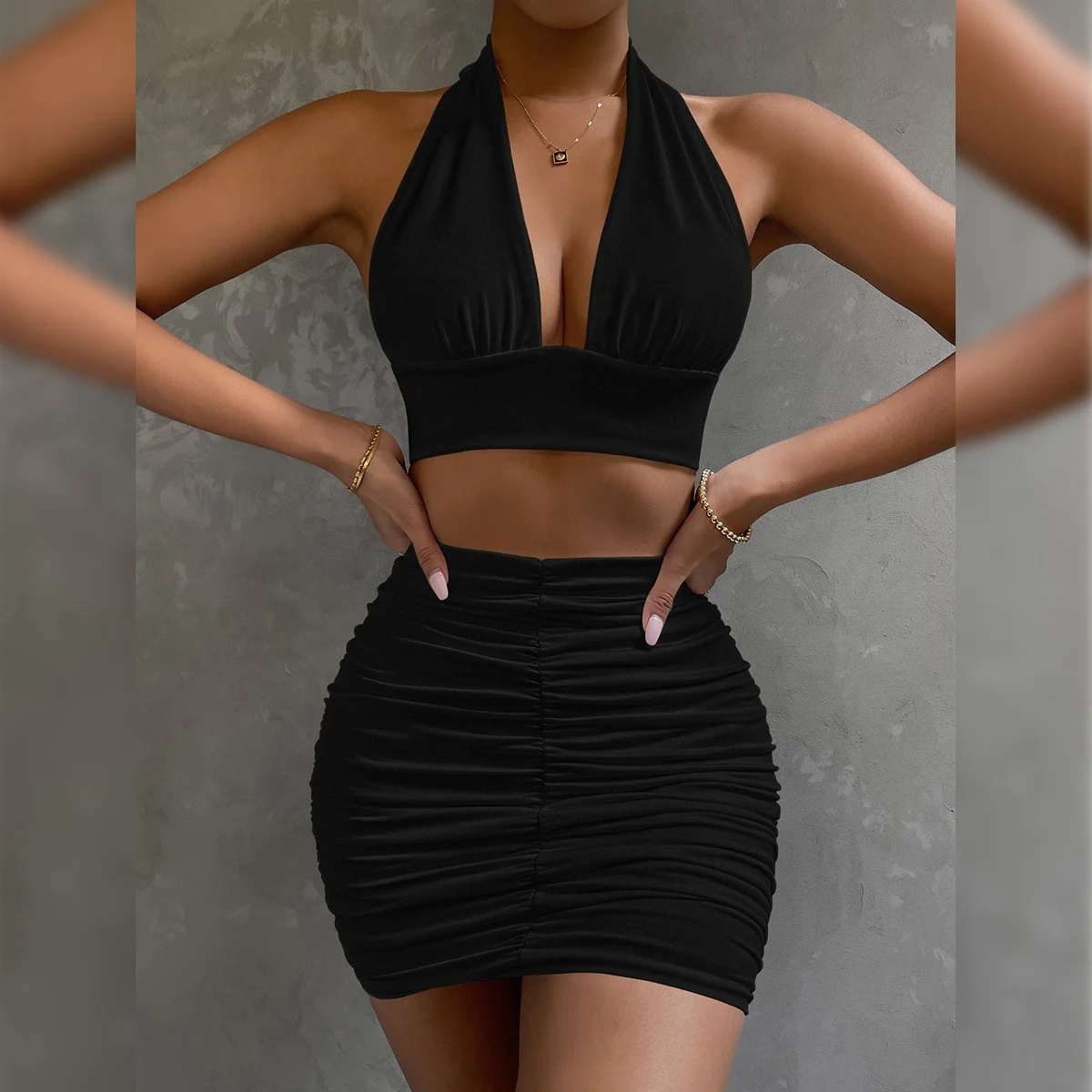 2pcs Dress Suits For Women Halter Lace-up Hip Top And Pleated Hip-covering Skirt — image 8