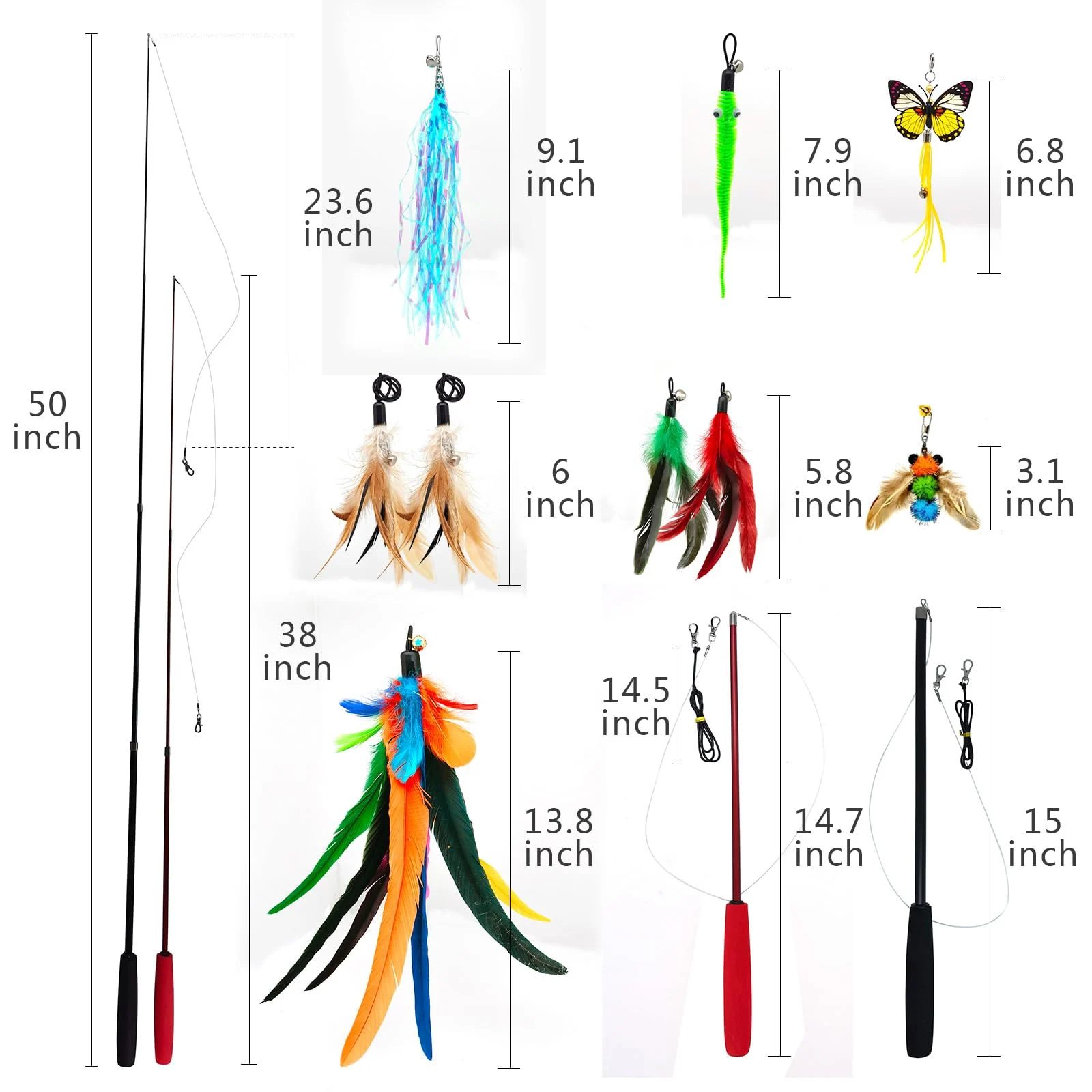 2PCS Retractable Cat Teaser Wands & 9PCS Feather Refills Toy Set Dual-size Telescopic… — image 1