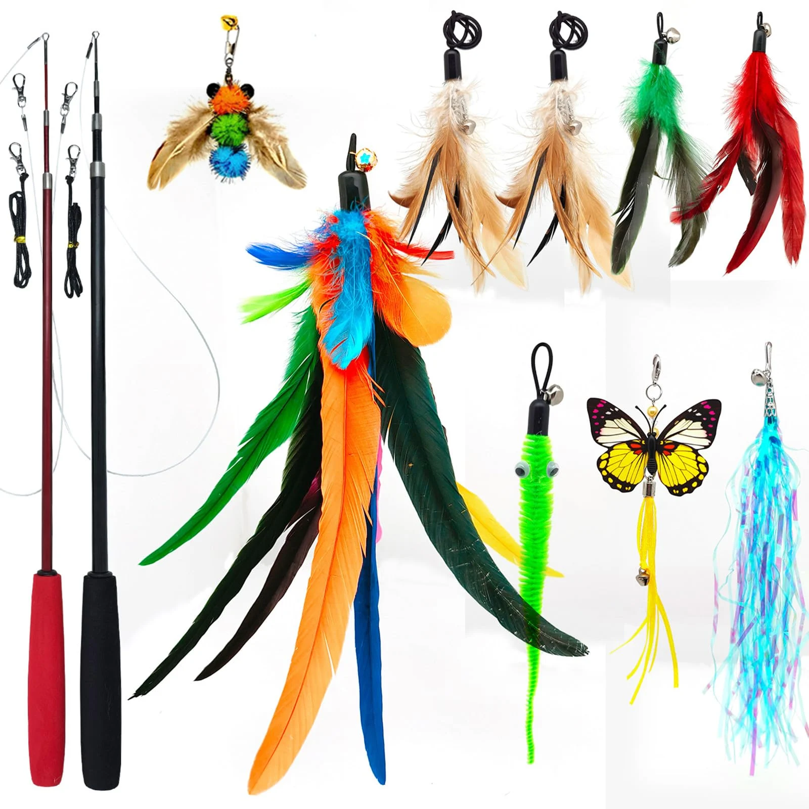 2PCS Retractable Cat Teaser Wands & 9PCS Feather Refills Toy Set Dual-size Telescopic… — image 6