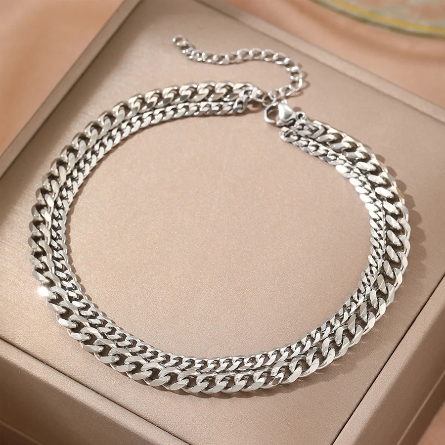 2pcs Women Double Layer Cuban Chain Anklet Gold Silver Tone Stainless Steel Adjustable… — image 7