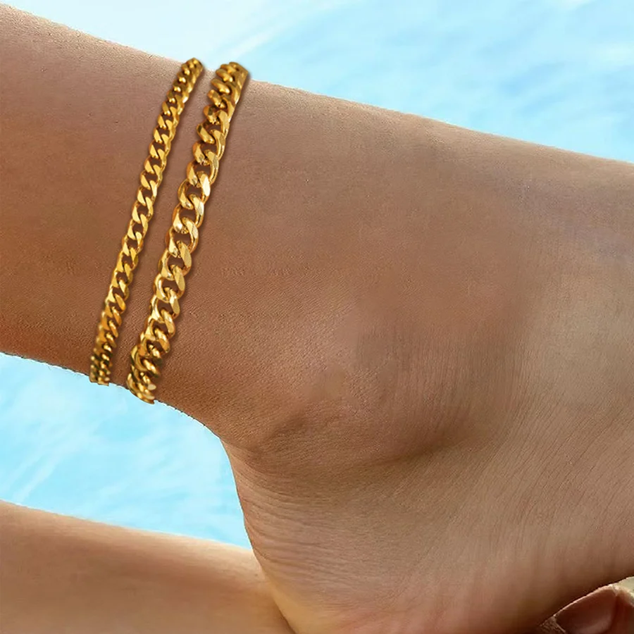 2pcs Women Double Layer Cuban Chain Anklet Gold Silver Tone Stainless Steel Adjustable… — image 4