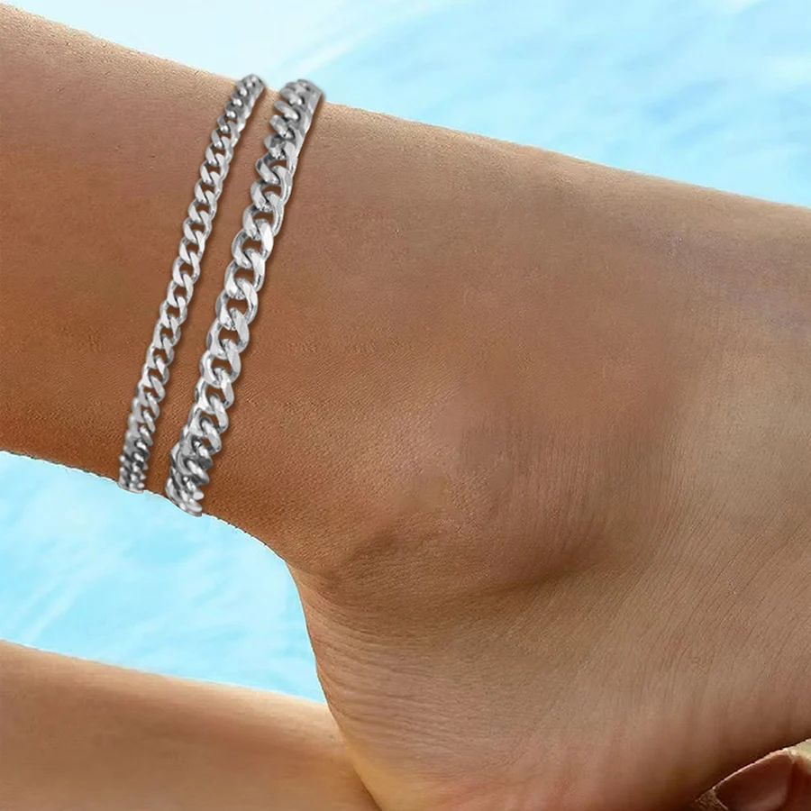 2pcs Women Double Layer Cuban Chain Anklet Gold Silver Tone Stainless Steel Adjustable… — image 5