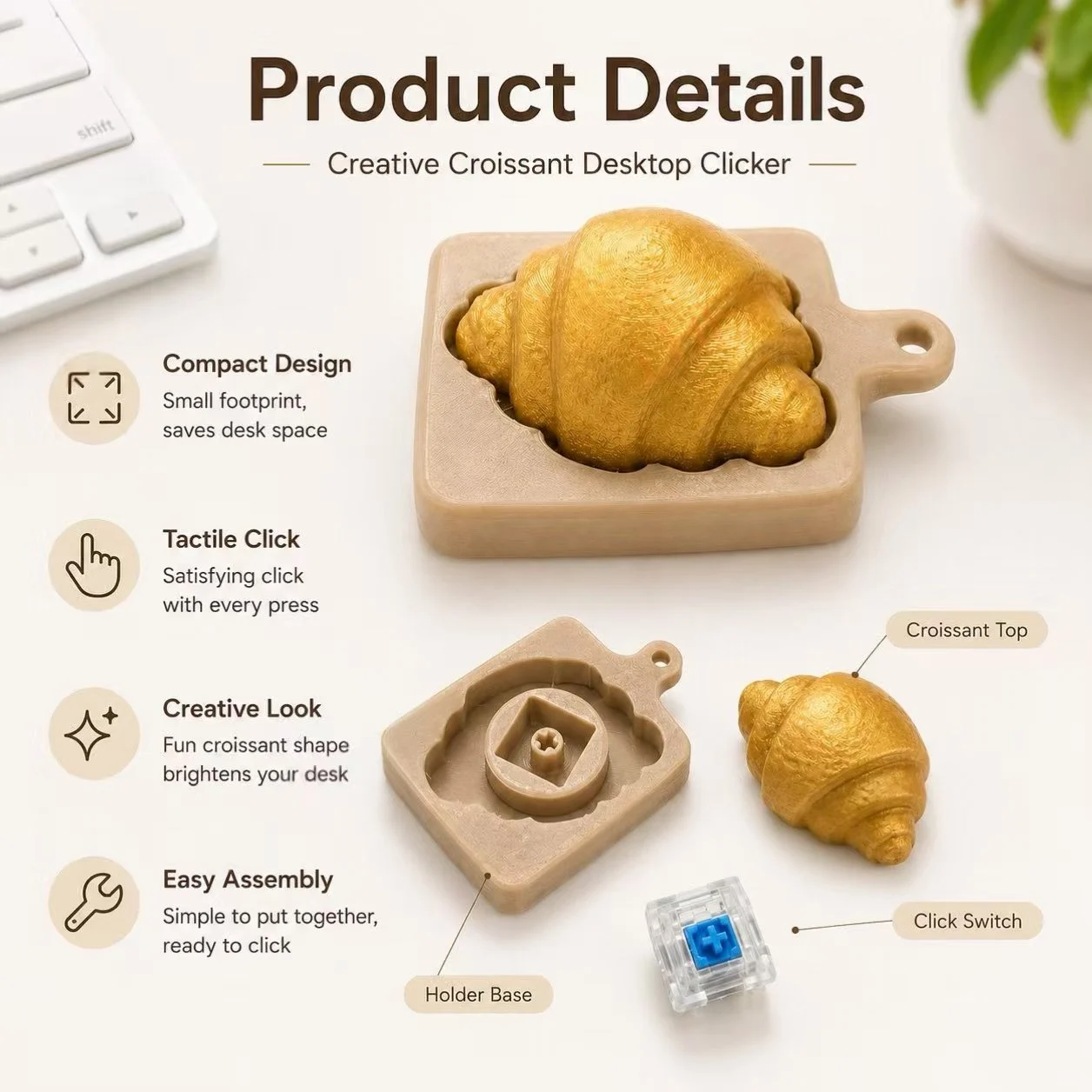 3D Printed Croissant Fidget Clicker, Desktop Press Clicker With Base, Cute Bread Desk… — image 3