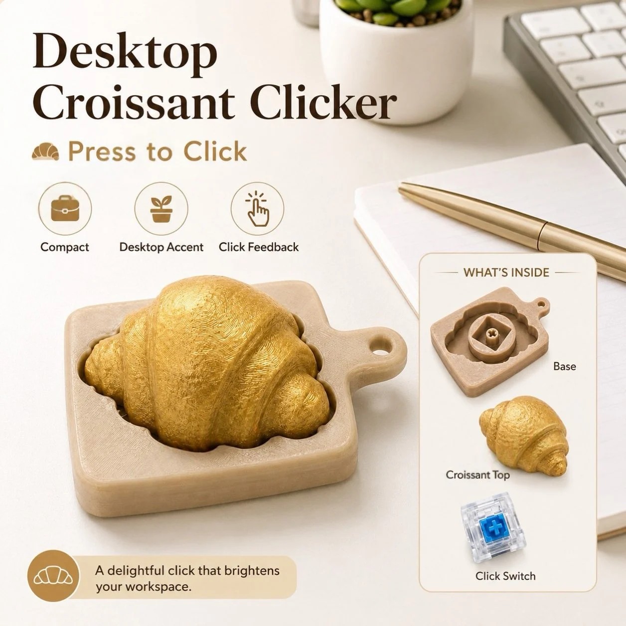 3D Printed Croissant Fidget Clicker, Desktop Press Clicker With Base, Cute Bread Desk… — image 4