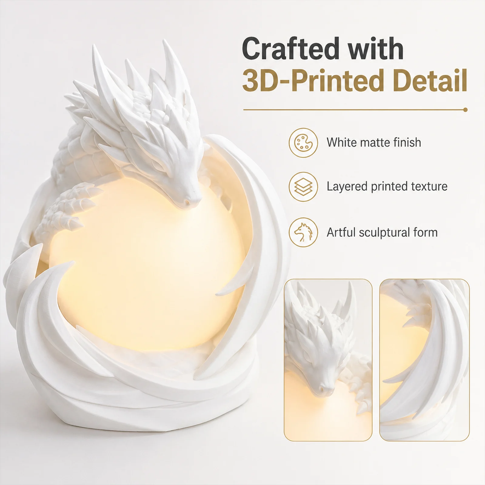3D Printed Dragon Ambient Table Lamp, Warm Glow Decorative Night Light, Sculptural… — image 7