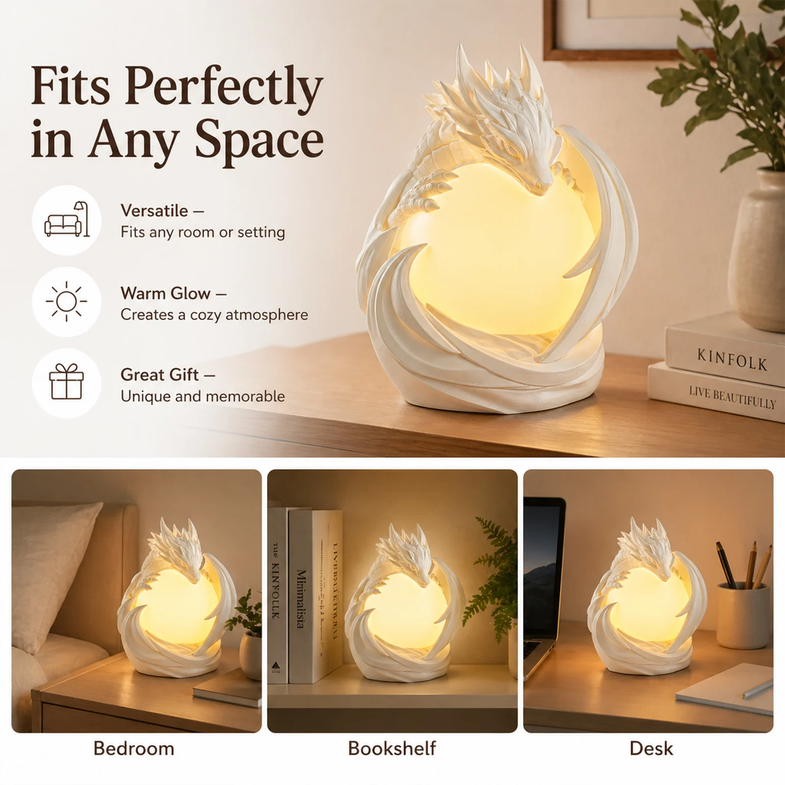 3D Printed Dragon Ambient Table Lamp, Warm Glow Decorative Night Light, Sculptural… — image 2