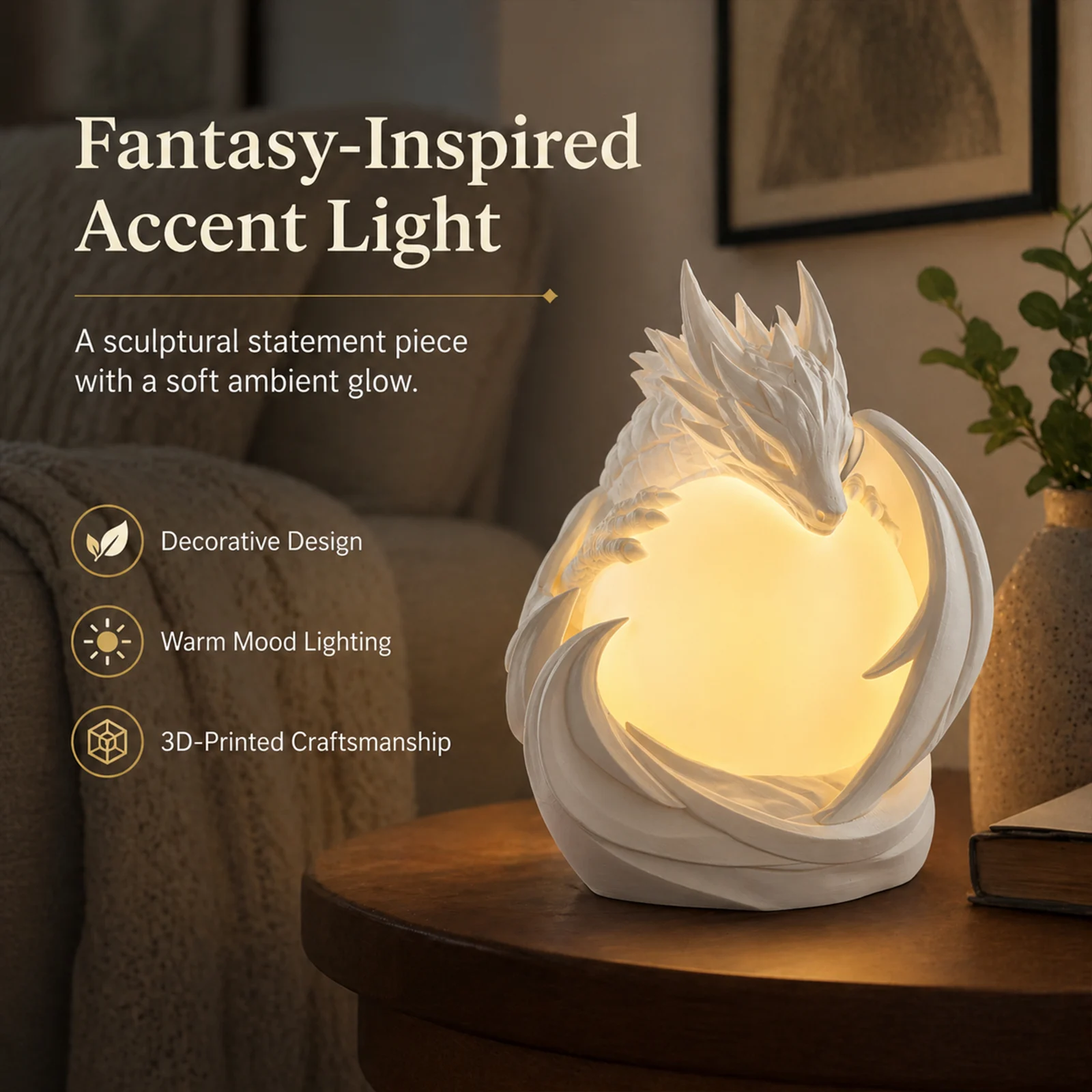 3D Printed Dragon Ambient Table Lamp, Warm Glow Decorative Night Light, Sculptural… — image 5