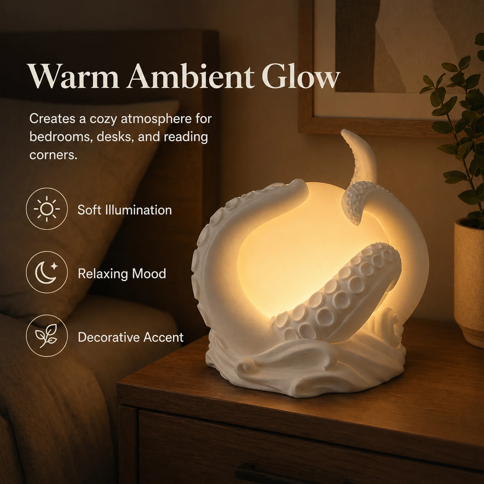 3D Printed Octopus Ambient Table Lamp, Ocean Inspired Warm Glow Decorative Night… — image 5