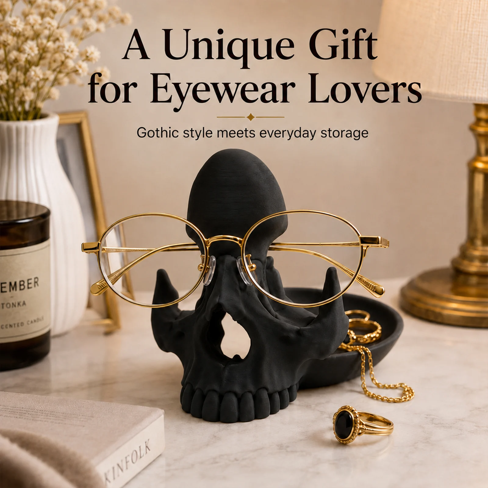 3D Printed Skull Eyeglasses Holder With Catchall Tray, Gothic Glasses Stand Desk… — image 5
