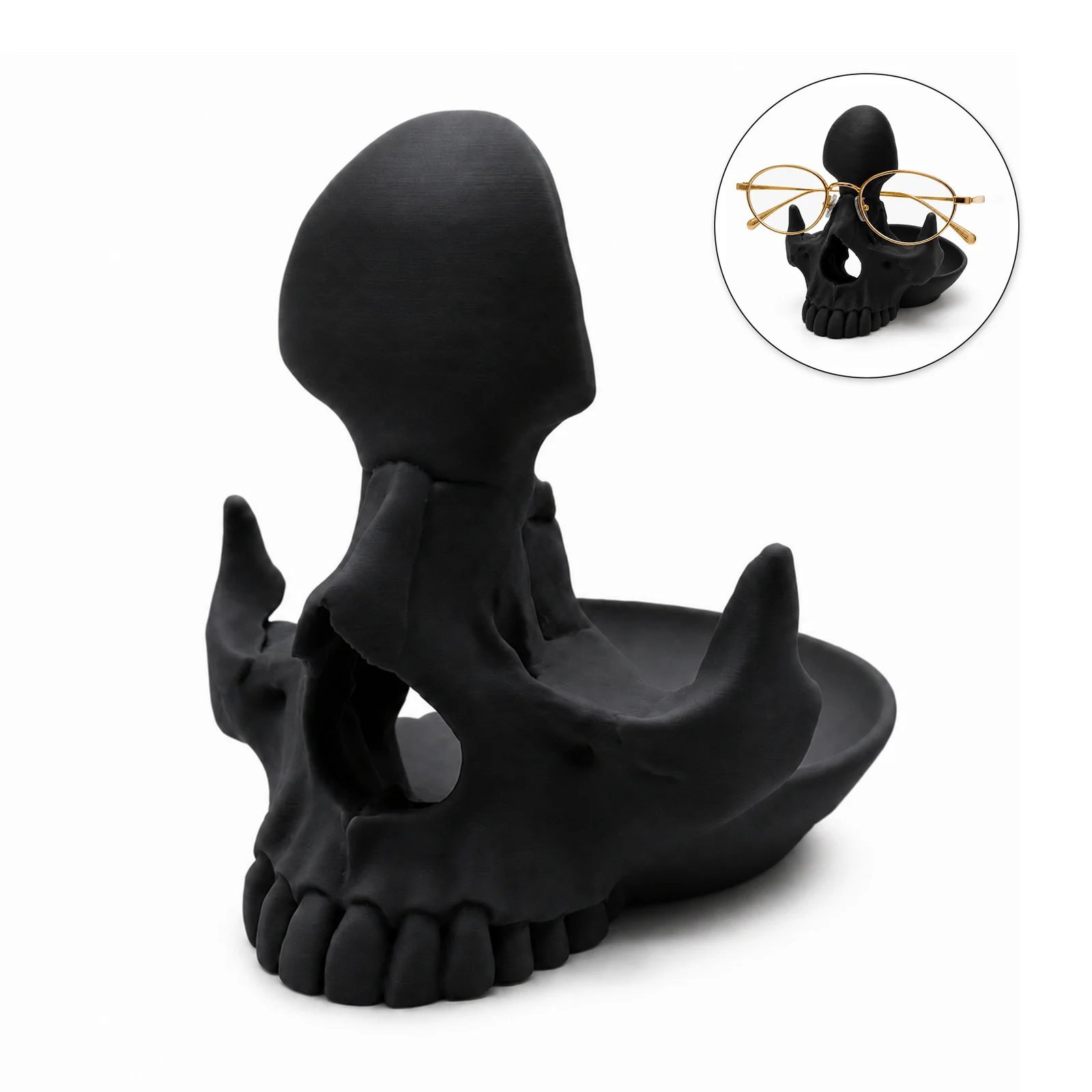 3D Printed Skull Eyeglasses Holder With Catchall Tray, Gothic Glasses Stand Desk… — image 3