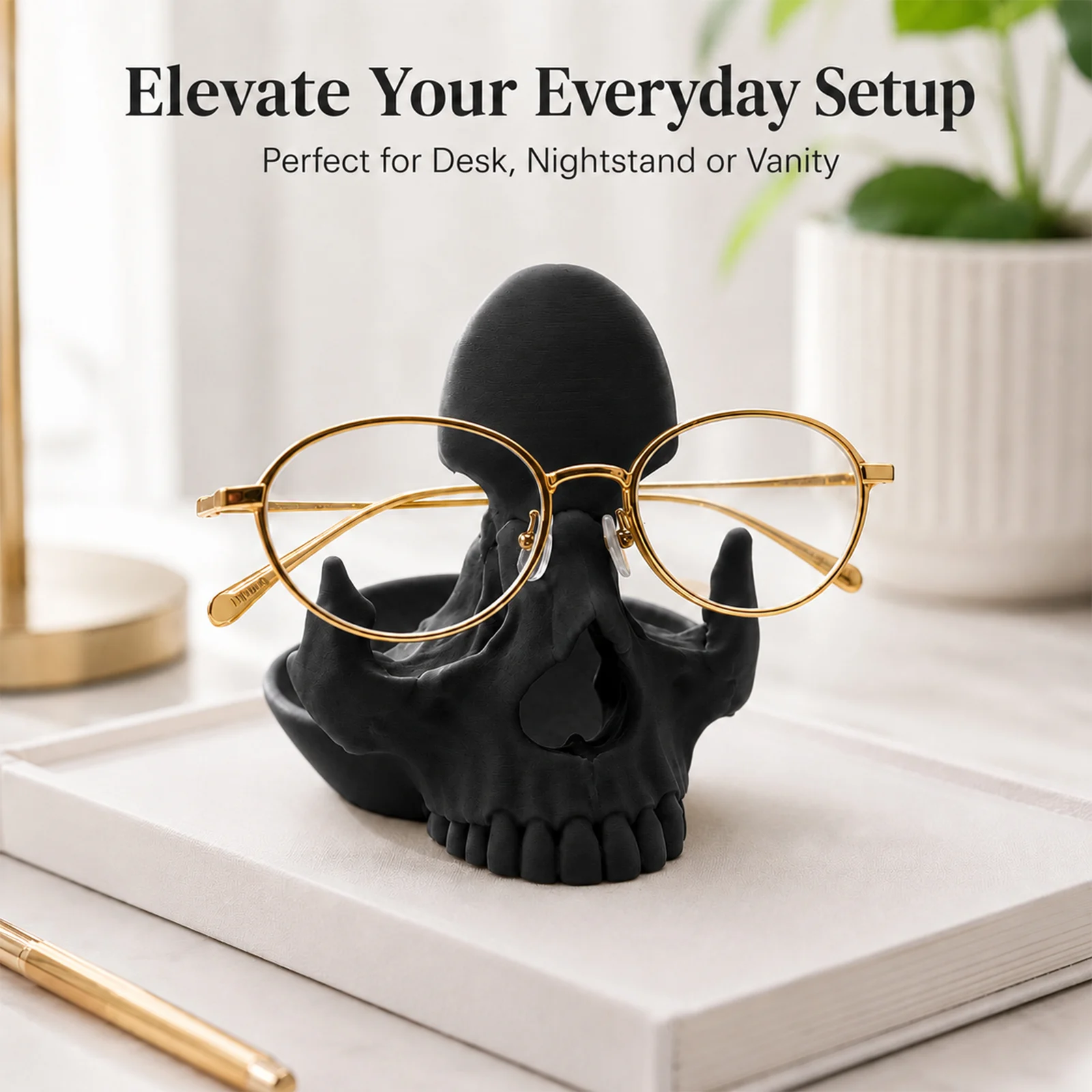 3D Printed Skull Eyeglasses Holder With Catchall Tray, Gothic Glasses Stand Desk… — image 2