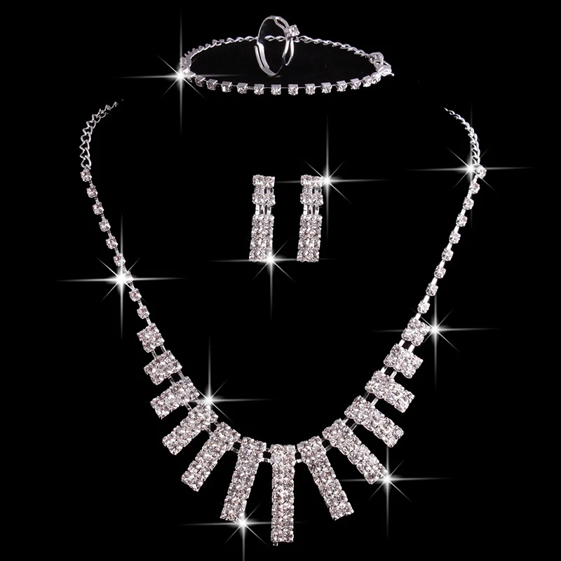 4 Pieces Rhinestones Necklace Set With Earrings Ring And Bracelet Fashion Jewelry For… — image 2