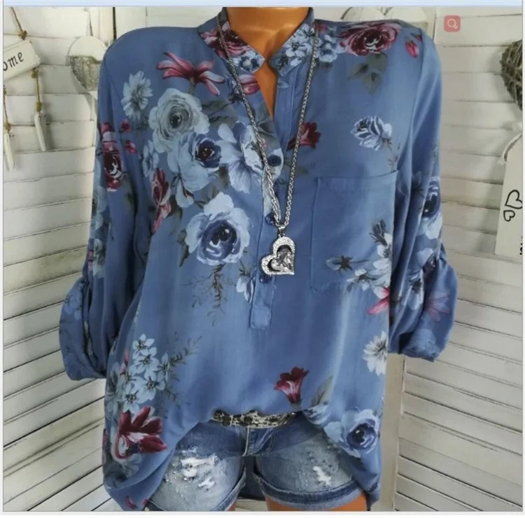 5XL Plus Size Summer Tops Women Blouses Long Sleeve Print Stand Collar Button Blouse… — image 4