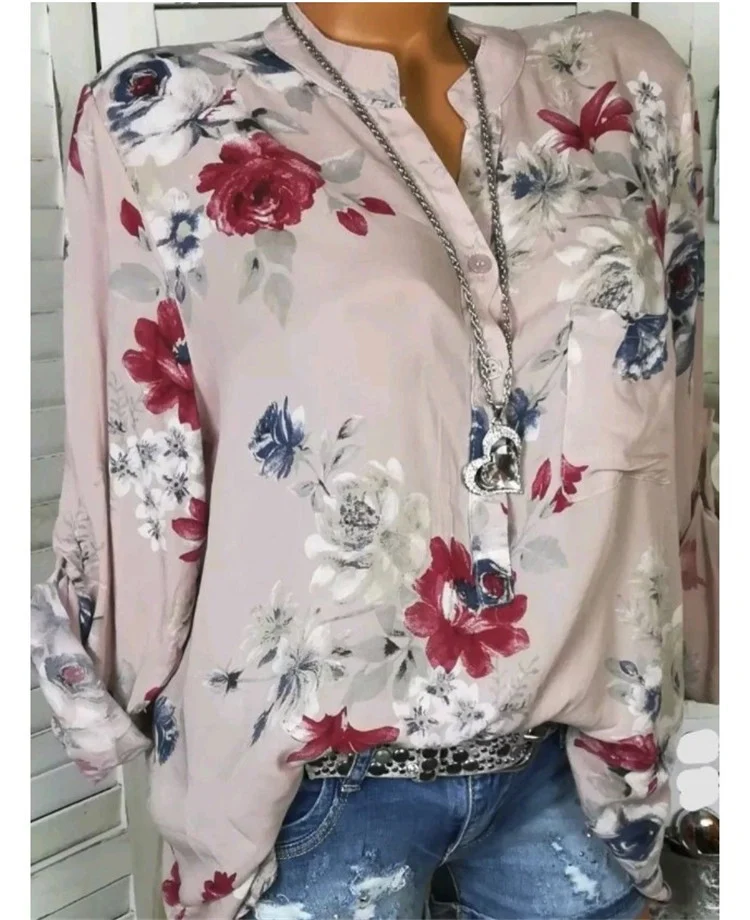 5XL Plus Size Summer Tops Women Blouses Long Sleeve Print Stand Collar Button Blouse… — image 3