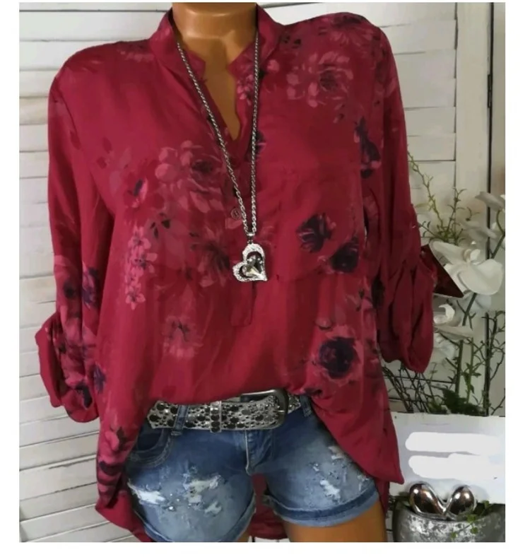 5XL Plus Size Summer Tops Women Blouses Long Sleeve Print Stand Collar Button Blouse… — image 2