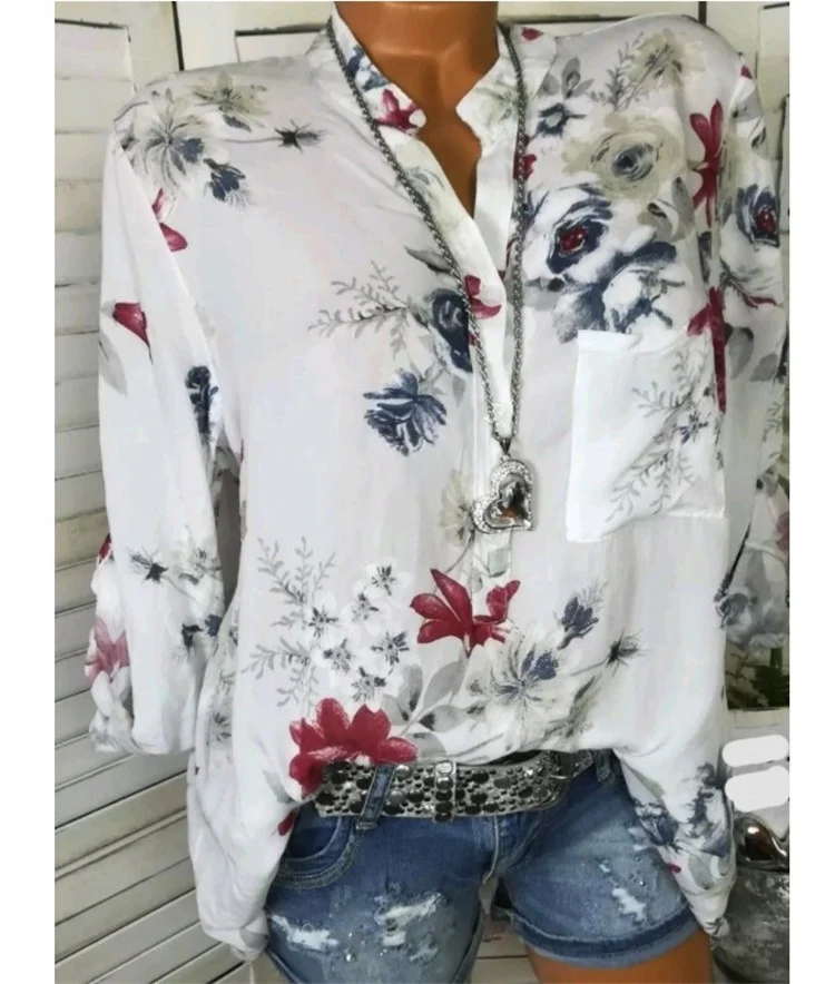 5XL Plus Size Summer Tops Women Blouses Long Sleeve Print Stand Collar Button Blouse… — image 1