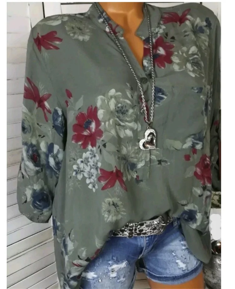 5XL Plus Size Summer Tops Women Blouses Long Sleeve Print Stand Collar Button Blouse… — image 5