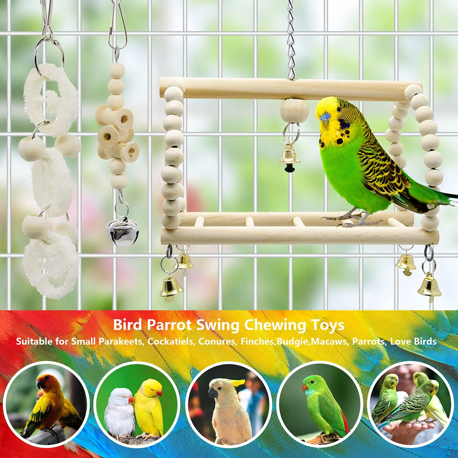 7 Packs Bird Parrot Swing Chewing Toys-hanging Bell Cage Playing Toys Hanging Rope And… — image 7