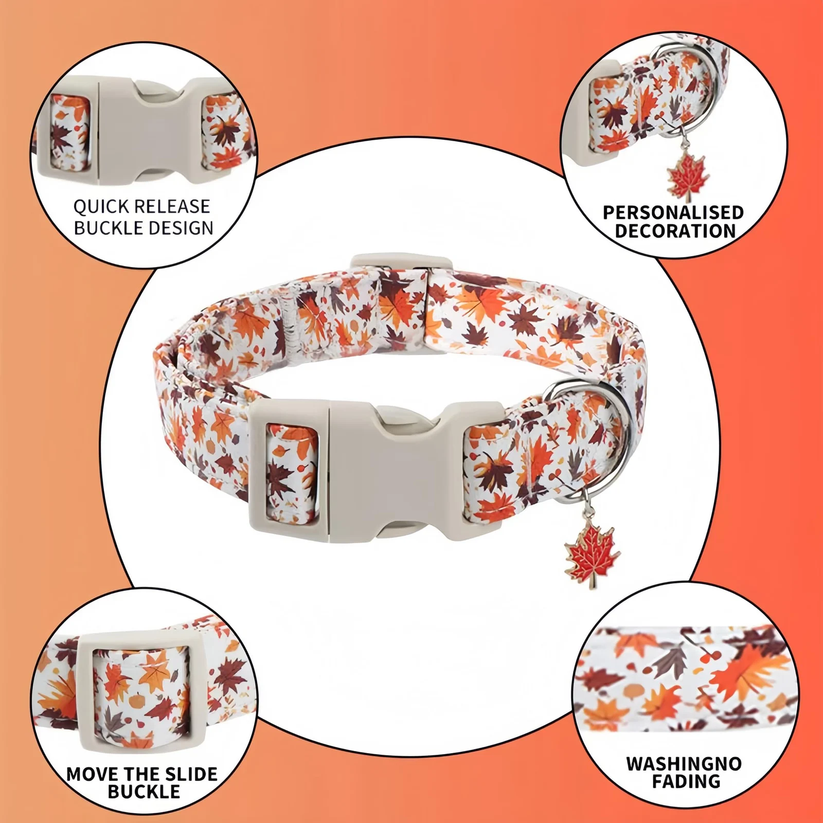 Adjustable Fall Dog Collar With Maple Leaf Charm - Durable Soft Fabric For Small… — image 6