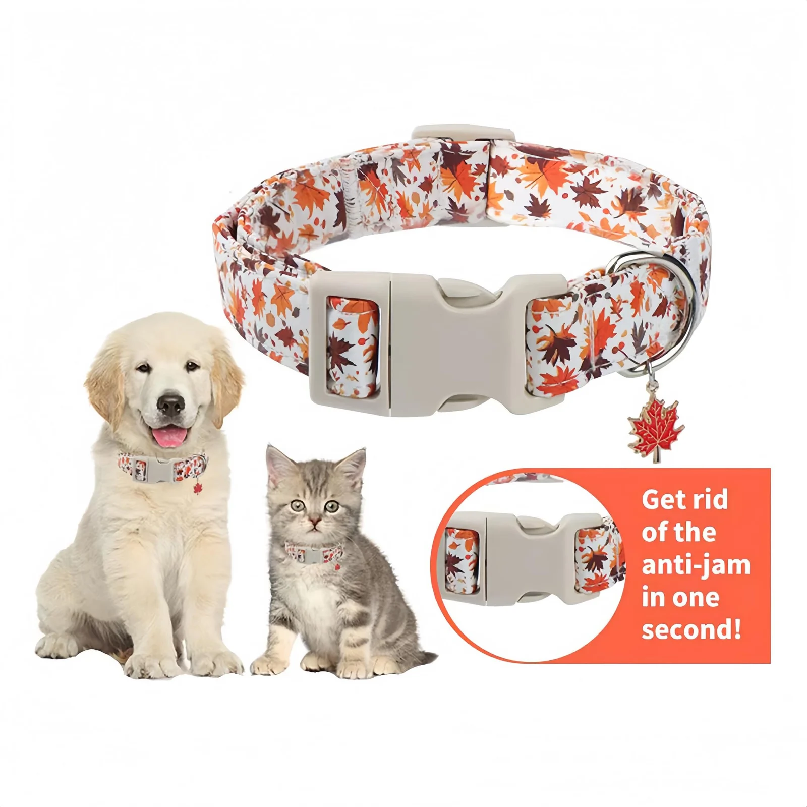 Adjustable Fall Dog Collar With Maple Leaf Charm - Durable Soft Fabric For Small… — image 3