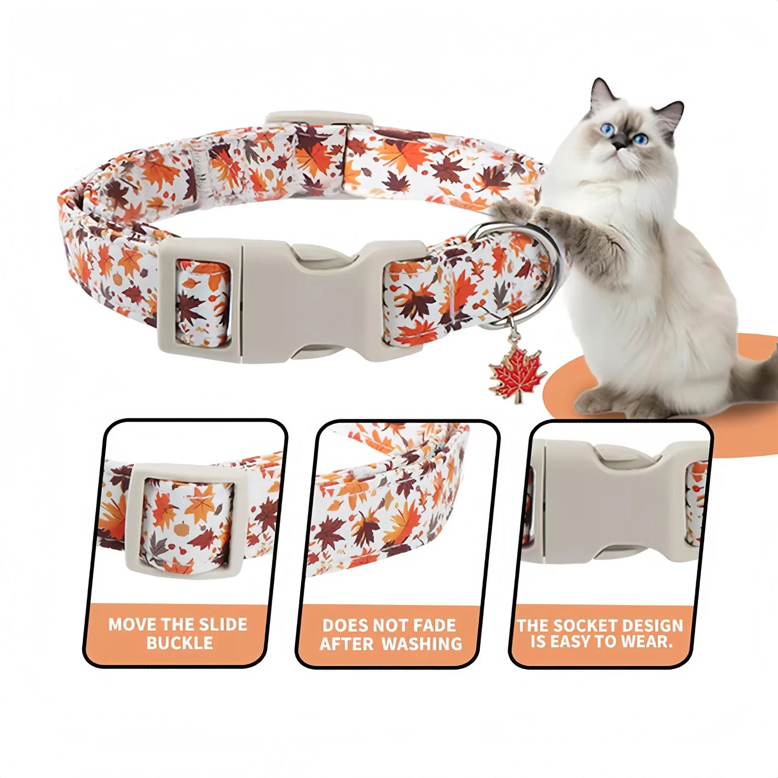 Adjustable Fall Dog Collar With Maple Leaf Charm - Durable Soft Fabric For Small… — image 5