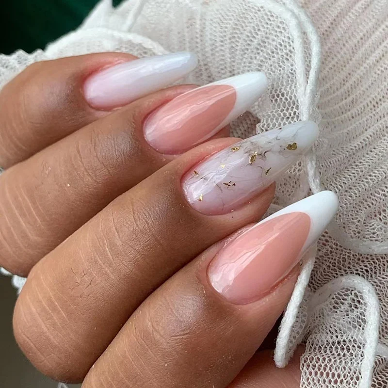 Almond-shaped White French Manicure With Messy Line Art On The Tips — image 5
