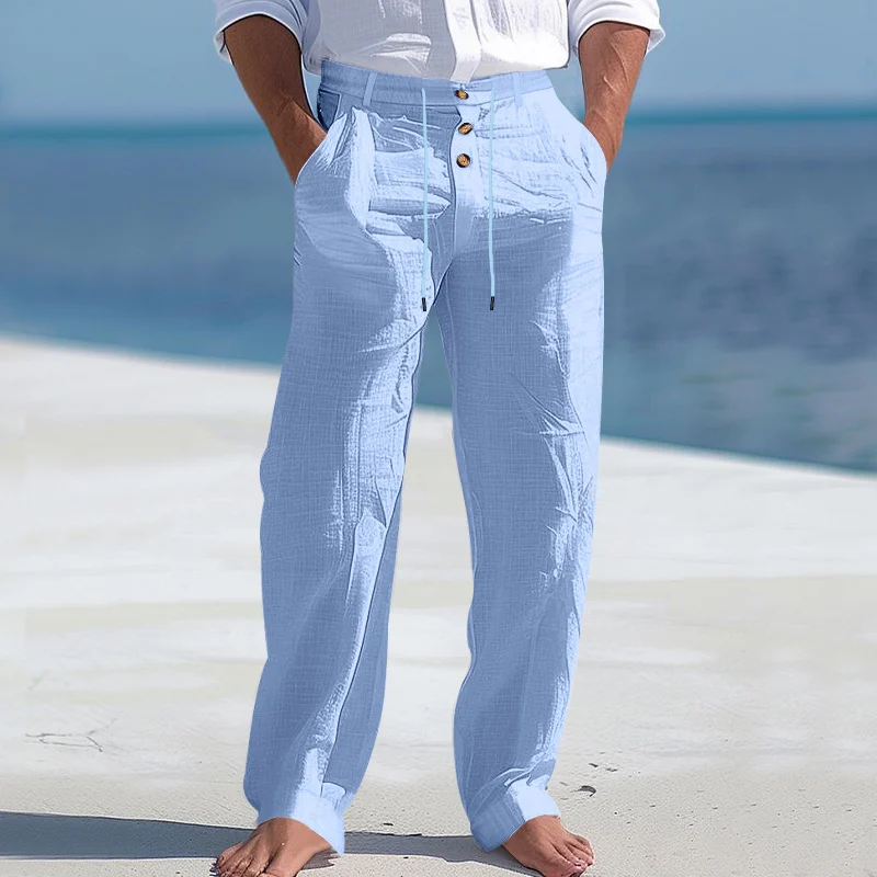 American Style Men's Linen Pants With Button Decoration, Drawstring, Summer Beach… — image 11