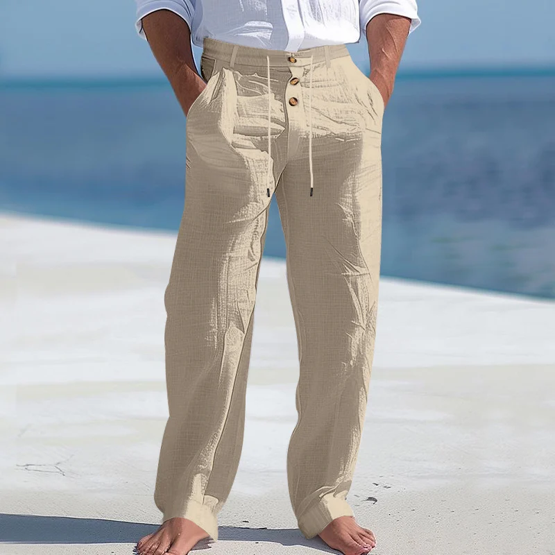 American Style Men's Linen Pants With Button Decoration, Drawstring, Summer Beach… — image 10