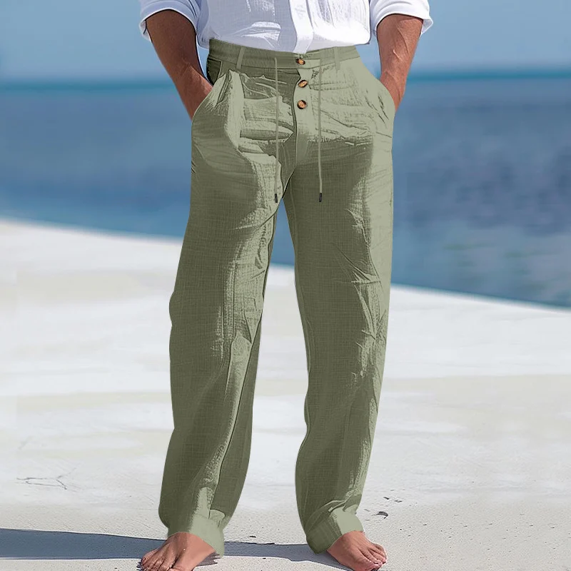 American Style Men's Linen Pants With Button Decoration, Drawstring, Summer Beach… — image 9