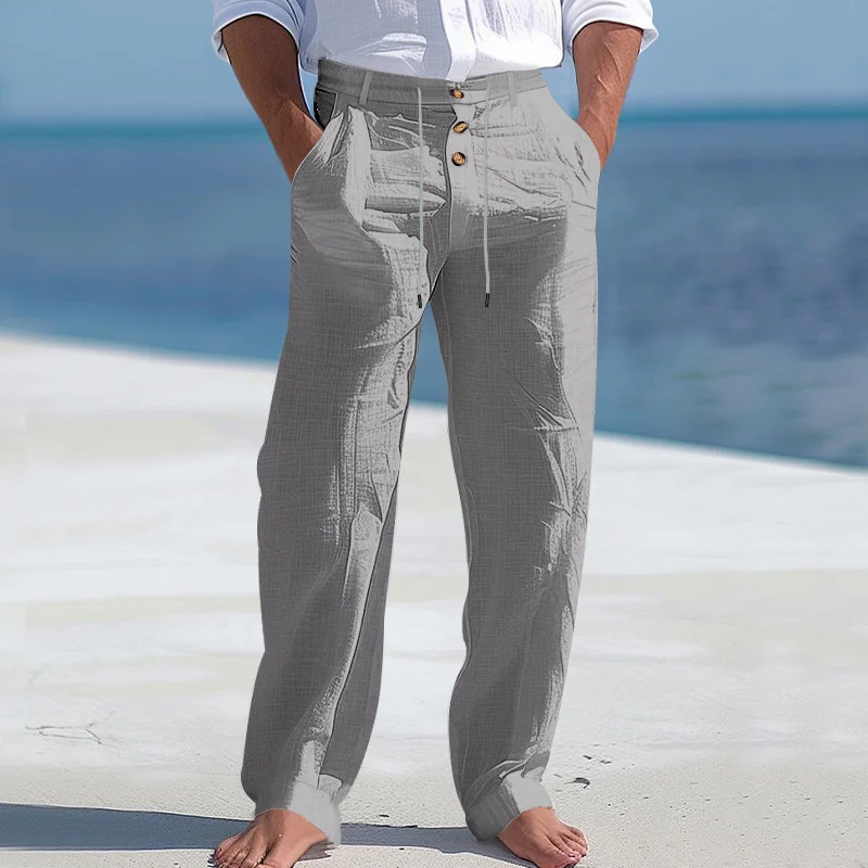 American Style Men's Linen Pants With Button Decoration, Drawstring, Summer Beach… — image 7