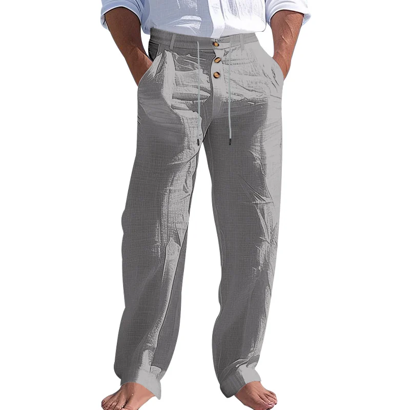 American Style Men's Linen Pants With Button Decoration, Drawstring, Summer Beach… — image 5